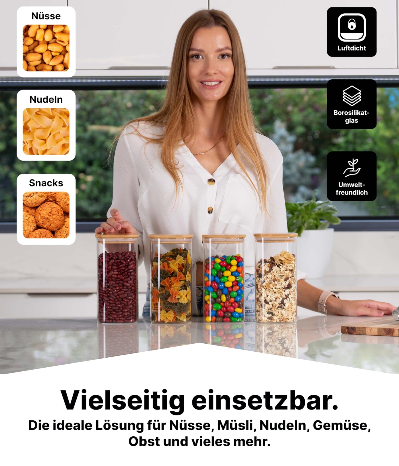 Deco haus® Vorratsgläser mit Deckel 4er Set + Etiketten [LUFTDICHT] - Für Müsli, Cornflakes, Spaghetti - Vorratsdosen Glas - Aufbewahrungsbox Küche - Aufbewahrungsglas 4x1600ml