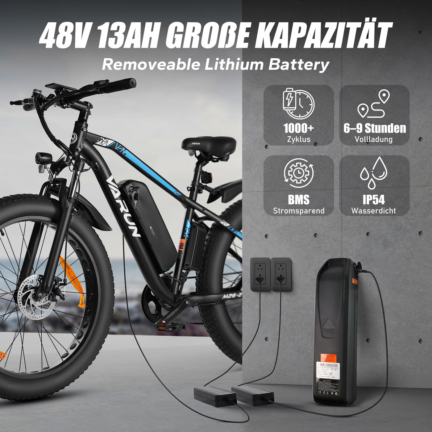 VARUN E Bike Herren 26 Zoll, 4.0 Fat Tire E-Mountainbike mit 48V13Ah Akku, 55NM 250W Motor, 5 Fahrmodi, Aluminium-E-fatbike Elektrofahrrad, StVZO-Zertifikat, Reichweite 100KM