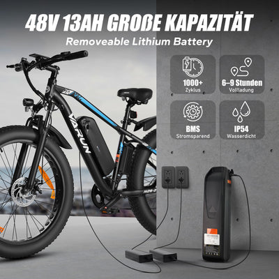 VARUN E Bike Herren 26 Zoll, 4.0 Fat Tire E-Mountainbike mit 48V13Ah Akku, 55NM 250W Motor, 5 Fahrmodi, Aluminium-E-fatbike Elektrofahrrad, StVZO-Zertifikat, Reichweite 100KM