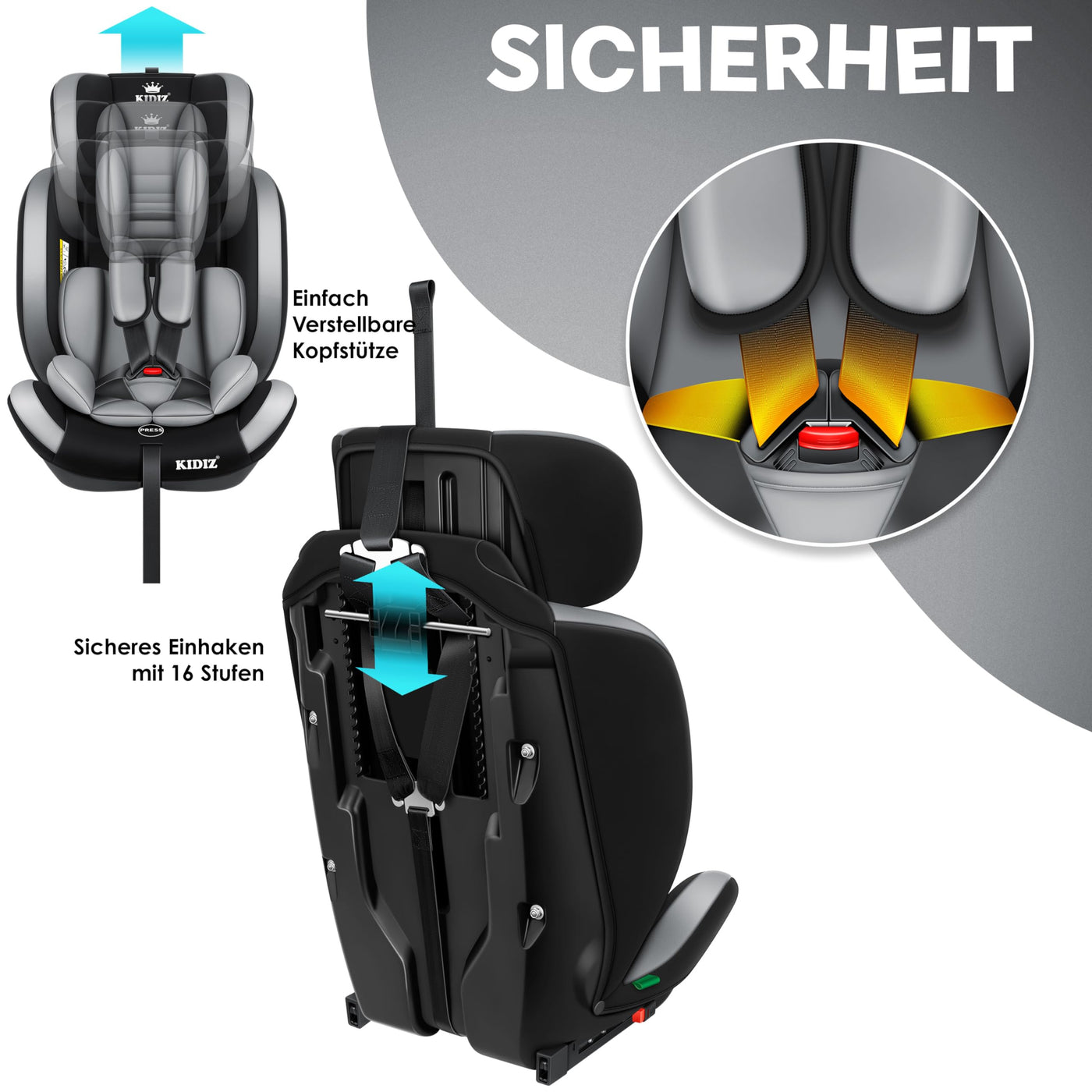 KIDIZ® Autokindersitz Kinderautositz mit Isofix Gruppe 1+2+3 9-36 kg 5-Punkt-Sicherheitsgurt, Autositz, Kindersitz, Einstellbare Kopfstütze | Mitwachsende Sitzerhöhung 1-12 Jahre, Stabil und Sicher