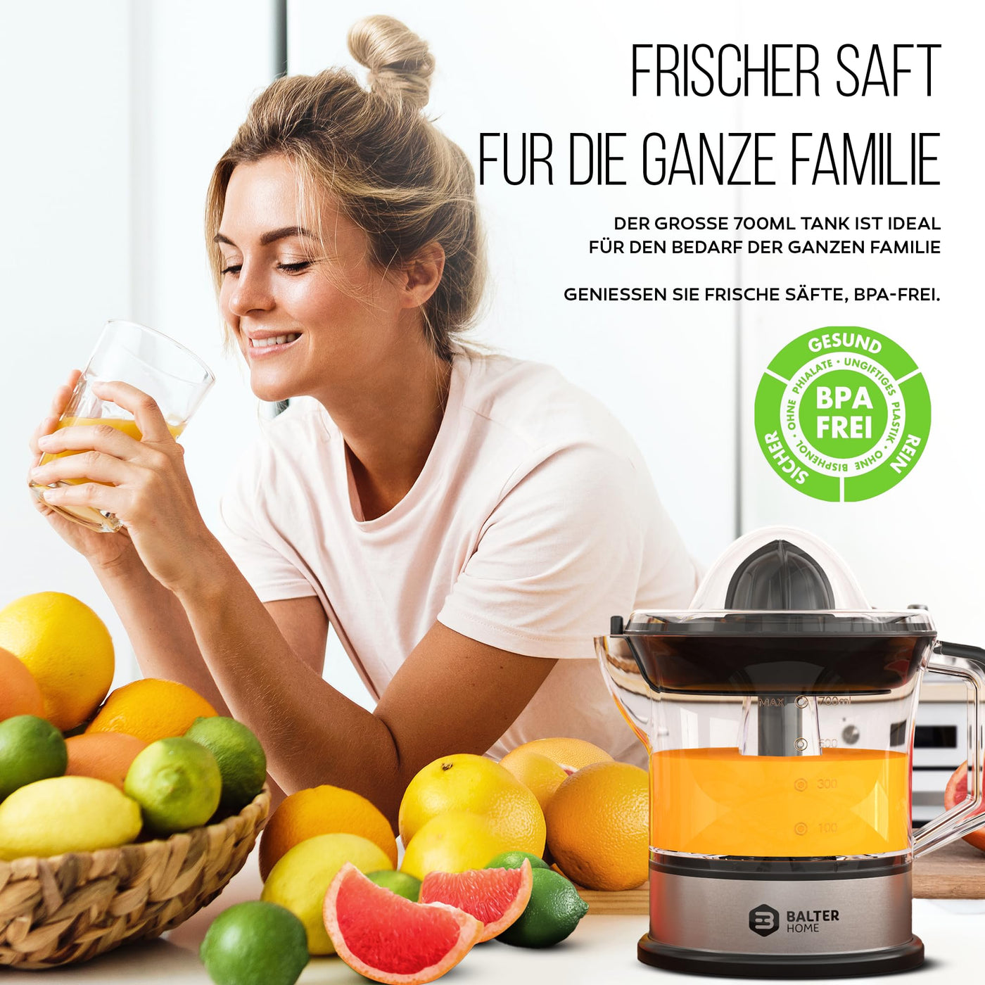 Presse-citron électrique Balter ZP-04 - Rendement élevé en jus, 2 sens de rotation et 2 cônes - Presse-agrumes - Presse-agrumes orange - Passe au lave-vaisselle, sans BPA