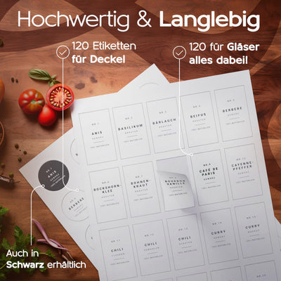 Homety Gewürzgläser Eckig - Set Edelstahl Deckel (24 Stück) - Gewürzbehälter 240 Etiketten - Gewürzdosen zur Gewürze aufbewahrung [120 ml] - Weiß