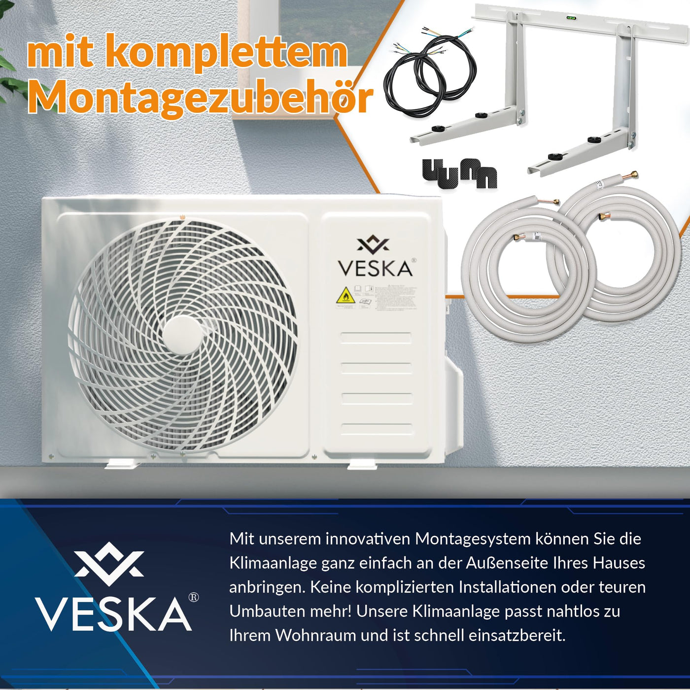 Klimaanlage Set Split - mit WiFi/App Funktion Klimagerät - Kühlen A++/ Heizen A+ 12000 BTU/h (3.500 Watt) Kältemittel R32 - Fernbedienung, Timerfunktion - inkl. Montagematerial (VSK-12000BTU)