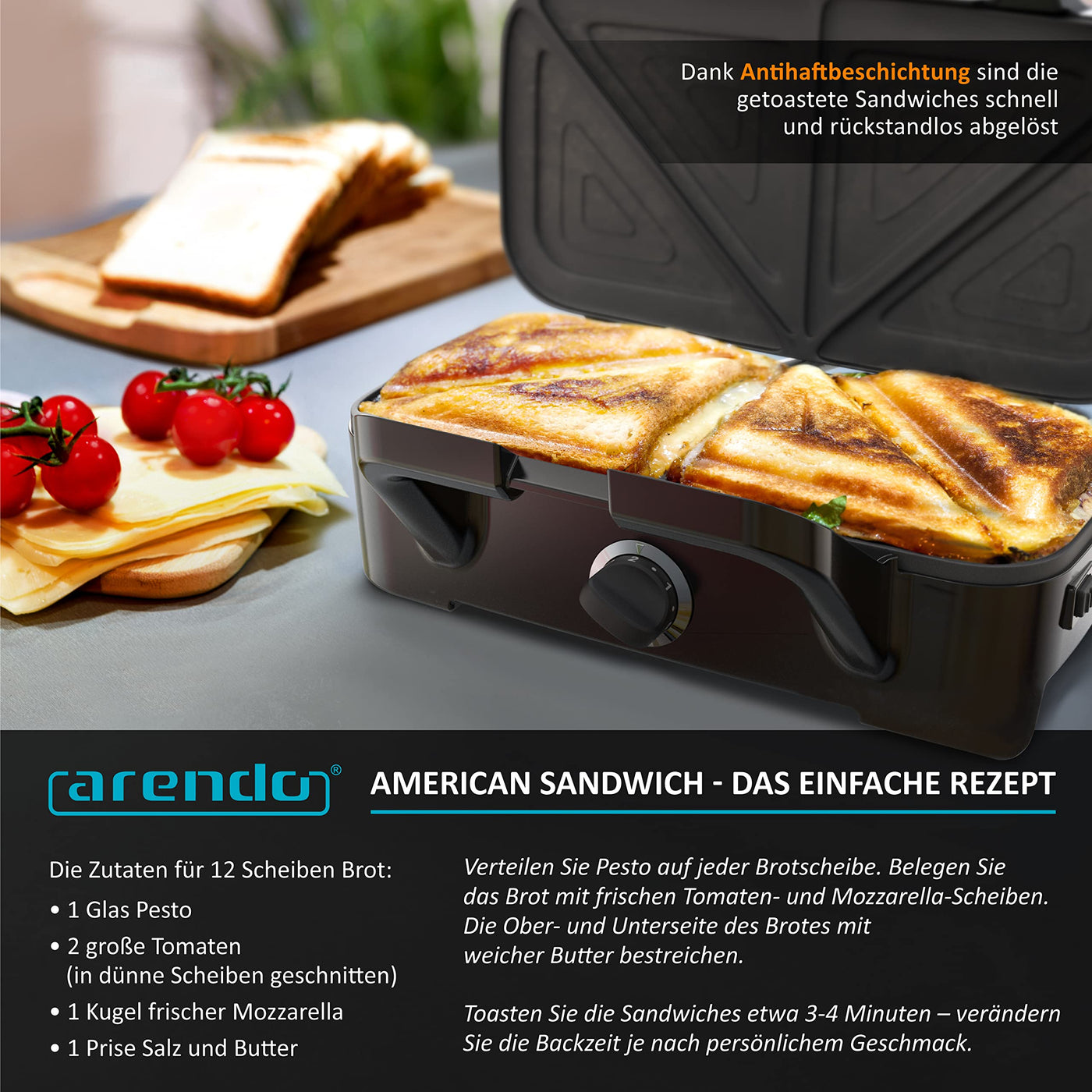 Arendo - Sandwichmaker 1200 W mit Antihaftbeschichtung - mit abnehmbaren Platten - spülmaschinentauglich - BPA frei - Temperaturkontrolle – Sandwich Maker - Sandwichtoaster für große Toasts