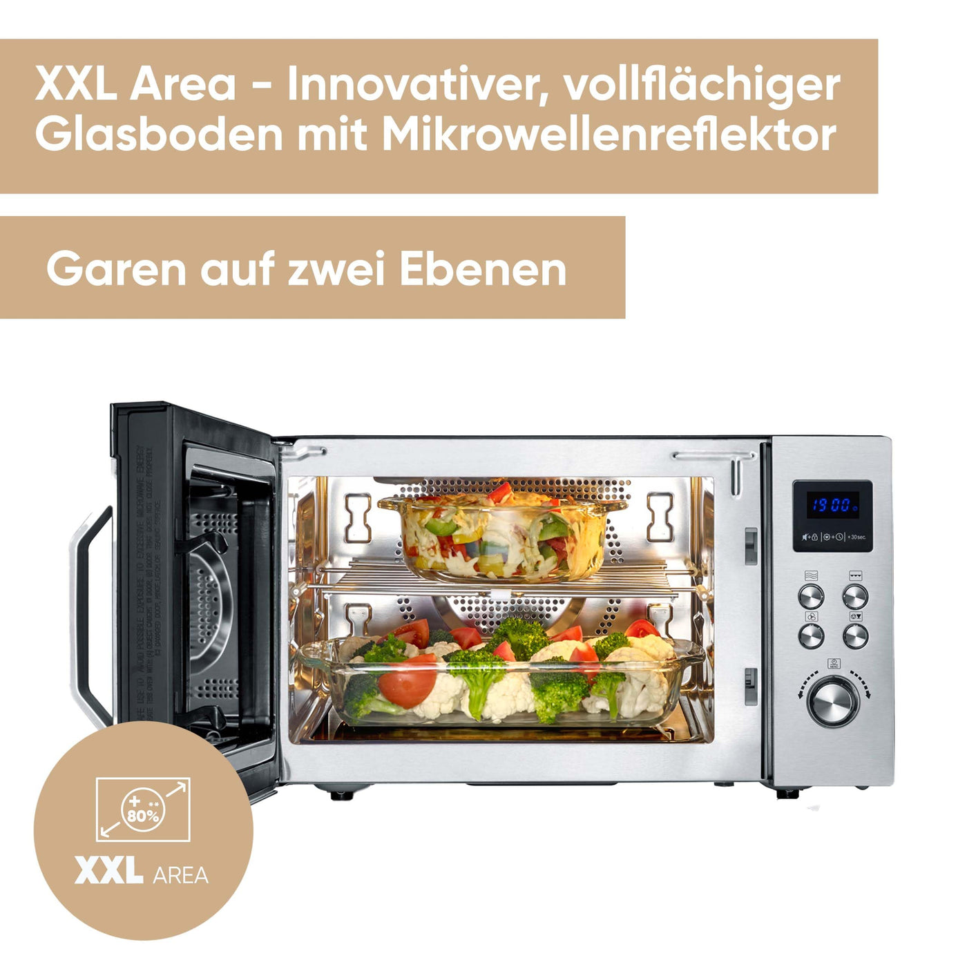 SEVERIN 3-in-1 Mikrowelle mit Grill und Ultra-Heißluftfunktion bis 230 C°, Grillen auf 2 Ebenen, flacher Glasboden statt Drehteller, XXL-Nutzfläche, leichte Reinigung, 25L, Edelstahl, MW 7777