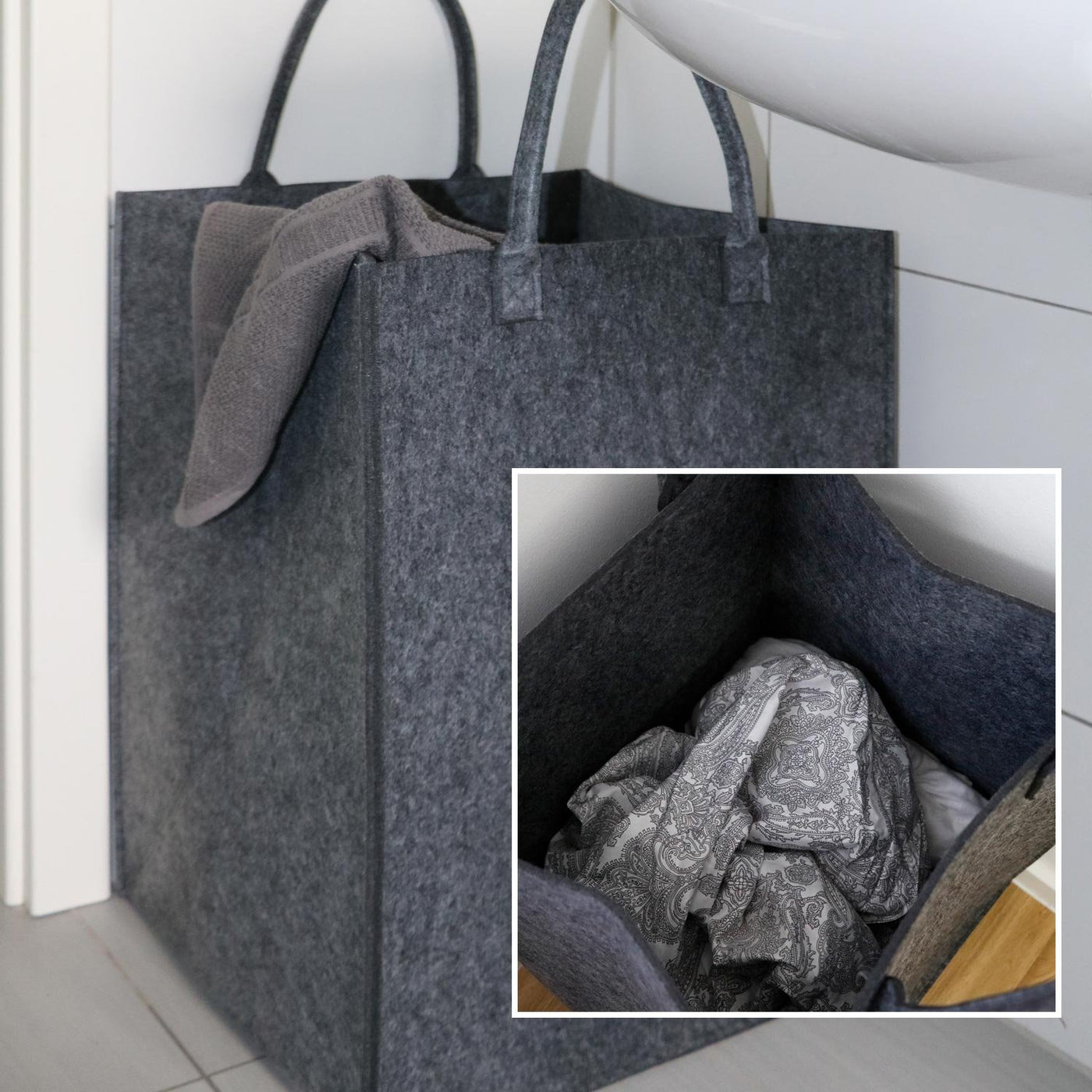 DuneDesign 100l Wäschekorb Filz Groß - Filztasche XXL Wäschekorb 60 cm hoch - Wäschesammler Filz - Holztasche für Kaminholz Groß Deckenkorb Wohnzimmer Flaschensammler Leergut Aufbewahrungskorb Filz