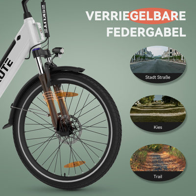 ESKUTE C100 E-Bike, 26 Zoll Elektrofahrrad, E-Cityrad 250W HeckMotor, 375Wh Wechselakku,bis zu 60km, LCD-Display, Tiefeinsteiger E-CityBike Für Damen und Herren Erwachsene Weiß