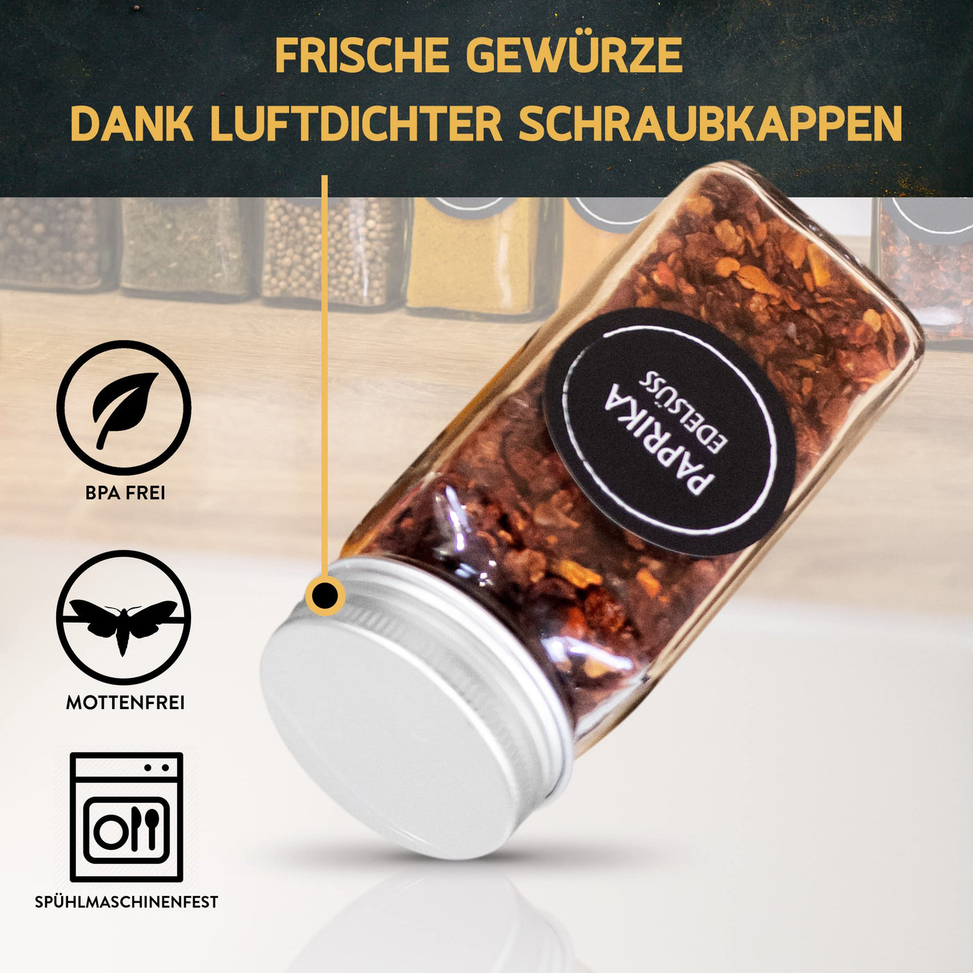 Cuccinara® Gewürzgläser Set [Eckig - 24 Stk. I 120ml - 10,5cm x 4,3cm] mit Gewürzetiketten, Streueinsatz & weißem Kreidestift zum Beschriften der Etiketten I Silikon Trichter + Reinigungsbürste