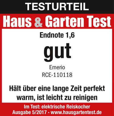 EMERIO Reiskocher ECO Automatik | BPA frei | bis zu 1.5L Volumen | Warmhaltefunktion | Auto Off | Antihaftbeschichtung | Glasdeckel | inkl. Reislöffel + Messbecher | Schongarer | 500 Watt