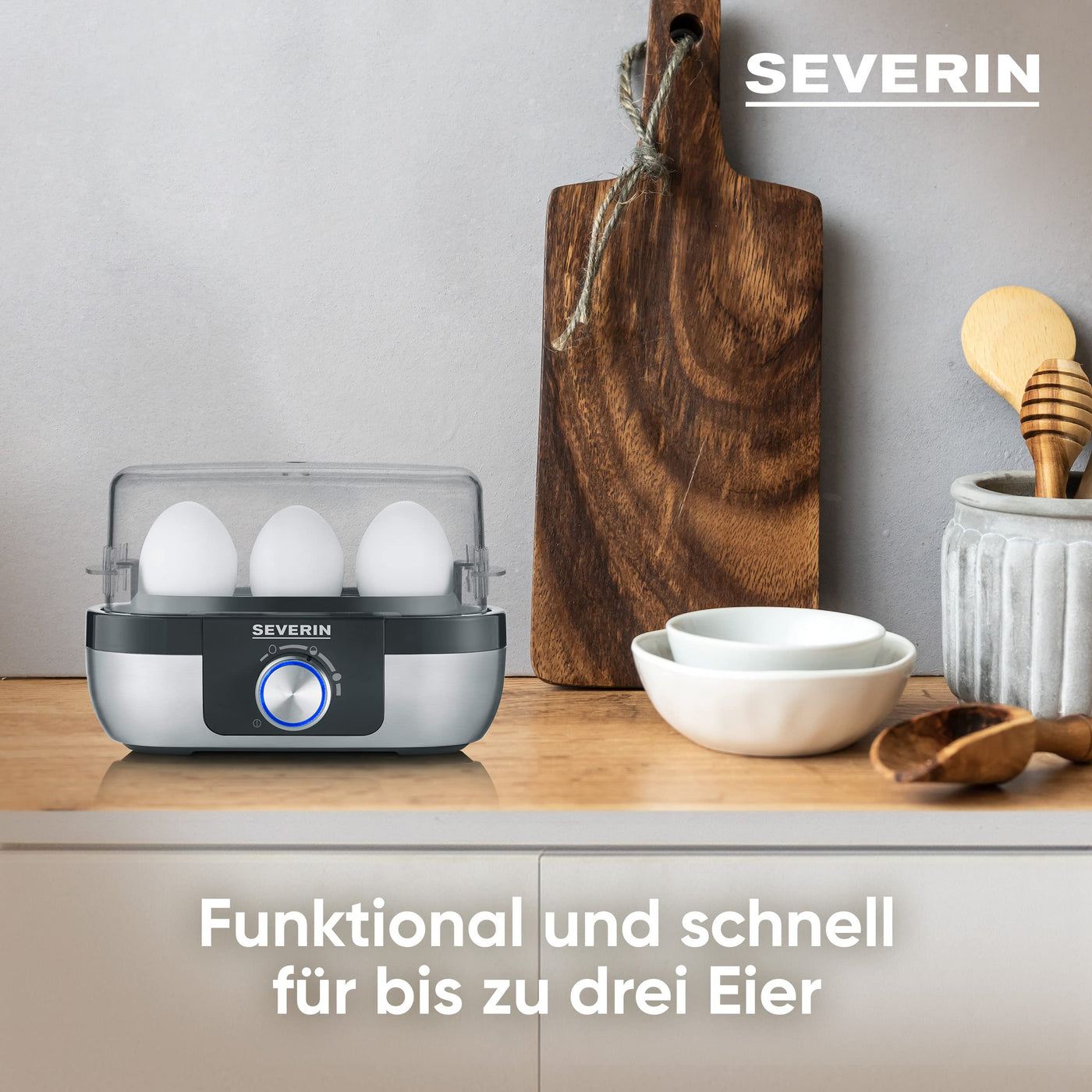 SEVERIN Eierkocher für 3 Eier mit elektronischer Kochzeitüberwachung, inkl. Messbecher mit Eierstecher, Eier Kocher für ideale Härtestufe, Edelstahl-gebürstet/schwarz, 300 W, EK 3163