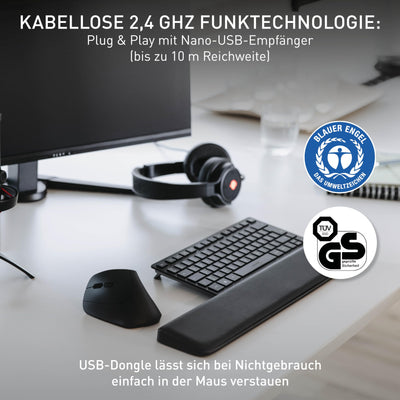 CHERRY MW 4500 LEFT, Ergonomische Vertikale Maus für Linkshänder, Kabellos (2,4 GHz Funk), 3-stufig regelbare Auflösung bis 1200 dpi, Batteriebetrieben, Schwarz