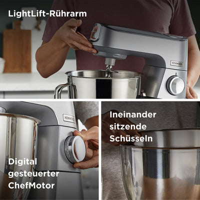 Kenwood Titanium Chef Baker KVC85.004SI Küchenmaschine mit integrierter Waage, inkl. 3-teiligem Patisserie-Set, 5 L und 3,5 L Rührschüssel, stufenloser Geschwindigkeitsregler, 1200 W, Silver