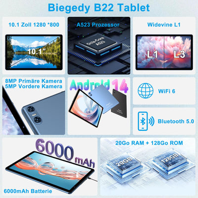 Biegedy Tablet 10 Zoll Android 14 Octa-Core, 2024 Newest Tablet PC 20 GB RAM+128 GB ROM (TF1 TB),5G WLAN 6丨Widevine L1丨GMS丨6000mAh丨5+8MP丨Bluetooth5.0丨1280 * 800丨Tablet mit Tastatur Maus Blau