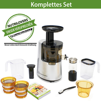 NUTRI-PRESS NO.1 Slow Juicer Profi Entsafter Testsieger Saftausbeute 3 Siebe Saft, Smoothie, Frucht-Eis Sehr leise, BPA-Frei - elektrische Saftpresse Obst Gemüse, Rezeptbuch, Flasche