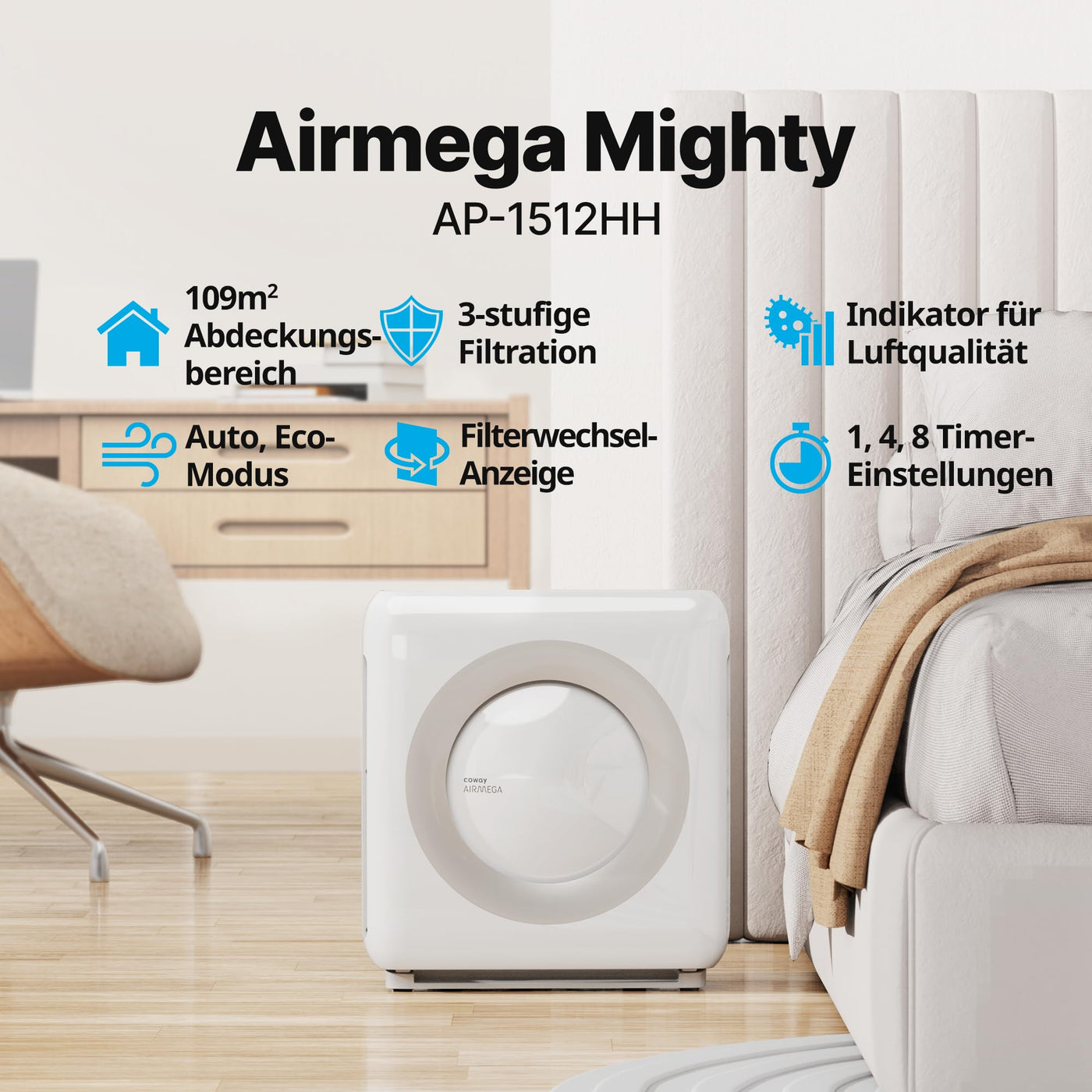 COWAY AP-1512HH AIRMEGA MIGHTY, Luftreiniger bis zu 109 m² GreenHEPA Technologie, Entfernt 99,999 % aller Partikel, Viren, Bakterien, Aerosole bis zur Nano-Größe von 0,01 µm* , ECARF Zert, Weiß