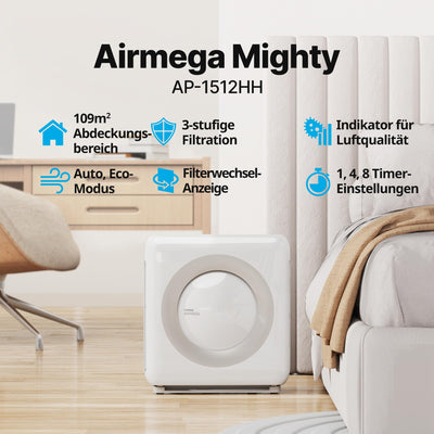 COWAY AP-1512HH AIRMEGA MIGHTY, Luftreiniger bis zu 109 m² GreenHEPA Technologie, Entfernt 99,999 % aller Partikel, Viren, Bakterien, Aerosole bis zur Nano-Größe von 0,01 µm* , ECARF Zert, Weiß