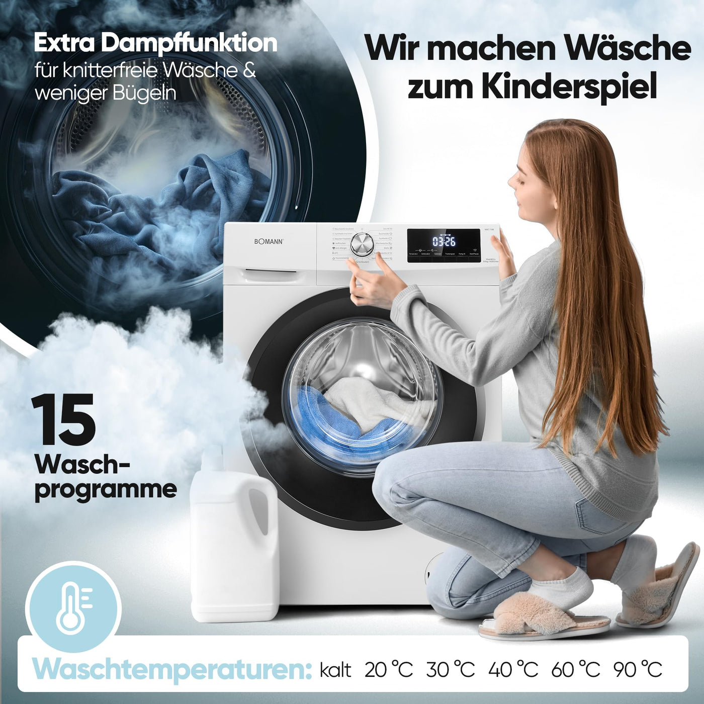 Bomann® Waschtrockner | Waschen und Trocknen in einem Durchgang | 8 kg Waschen, 5 kg Trocknen | Invertermotor | 1400 U/Min | Dampffunktion | Waschmaschine mit Trockner integriert | WAT 7186 weiß