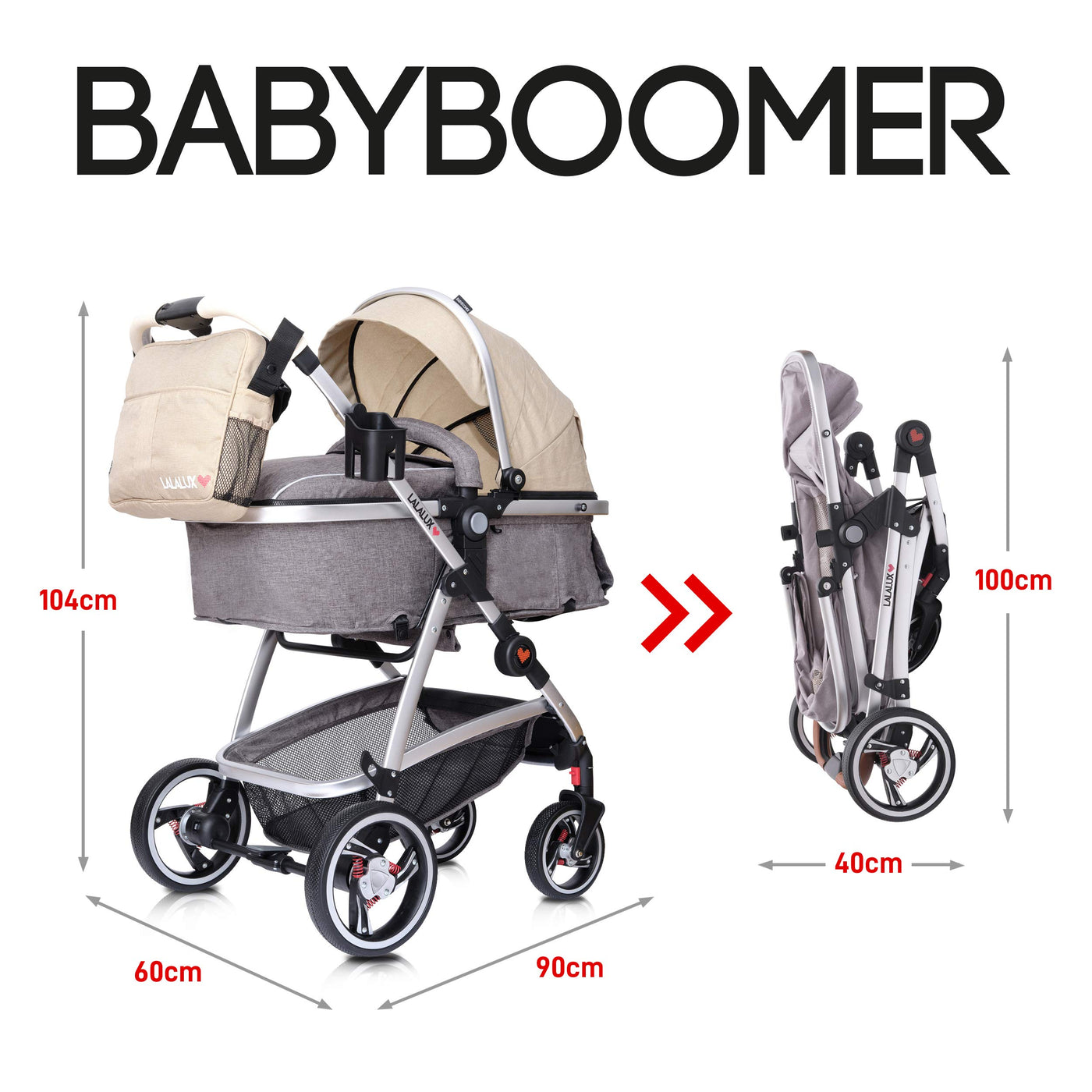 Lalalux Babyboomer leichter Kombikinderwagen Komplettset, Multifunktions-Kinderwagen, klappbar, sportlich, universell, doppelte Federung, inkl. Tasche, Regenschutz u.v.m. Für Kinder bis 36 Monate