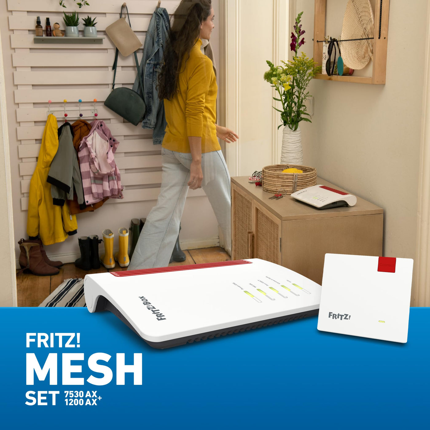 AVM FRITZ!Mesh Set: FRITZ!Box 7530 AX (Wi-Fi 6 Router mit 1.800 MBit/s + 600 MBit/s) und FRITZ!Repeater 1200 AX (Wi-Fi 6 Repeater mit 2.400 Mbit/s + 600 Mbit/s, deutschsprachige Version)