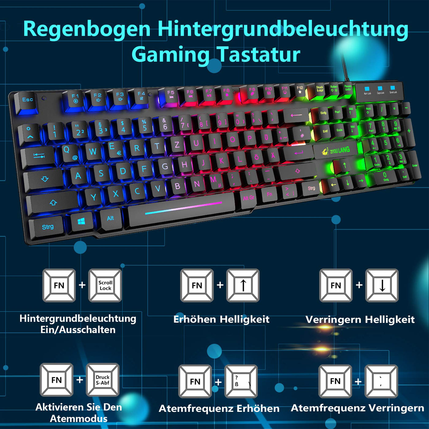 Gaming Tastatur Und Maus Set, QWERTZ German Layout Regenbogen LED Hintergrundbeleuchtung Ergonomische Keyboard 6 Tasten 2400 DPI Maus und Mauspad, USB Verkabelt, Kompatibel mit PS4 Xbox, Schwarz