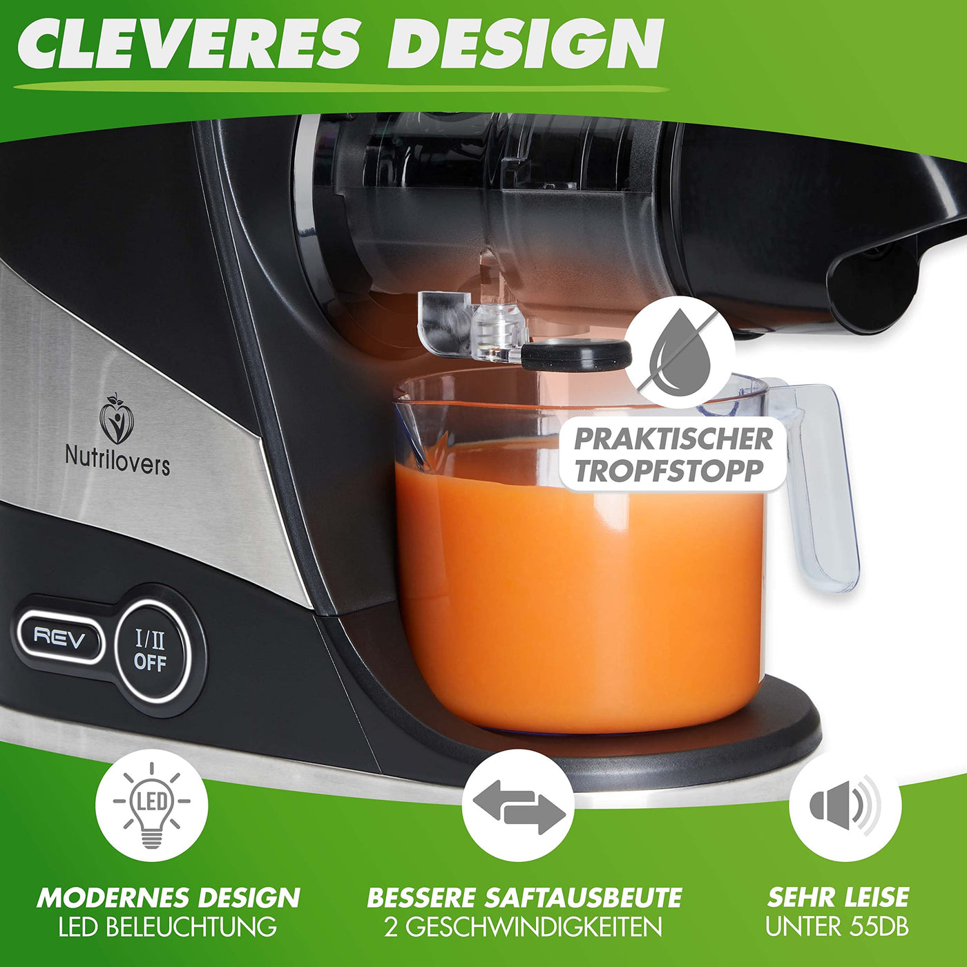 Extracteur de jus de fruits et légumes Nutrilovers Slow Juicer - Marque allemande - Design compact en acier inoxydable, 100 % sans BPA, facile à nettoyer - Livre électronique de recettes + application Nutri-App inclus