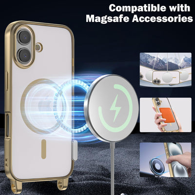 YIRSUR Handykette für iPhone 16 Plus Hülle mit Band Und 2 Schutzfolie, [Kompatibel mit Magsafe] Magnetische Transparent Silikon Necklace Handyhülle Abnehmbar Stoßfest Schutzhülle mit Kordel- Golden