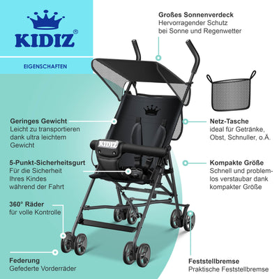 KIDIZ® Kinderwagen CITY Buggy Kinderbuggy klappbar Sportwagen Faltbar 360° 4-Zoll-Räder Inkl. Sonnen- und Regenverdeck zusammenklappbar 5-Punkt-Sicherheitsgurt ab 6 Monate, Schwarz