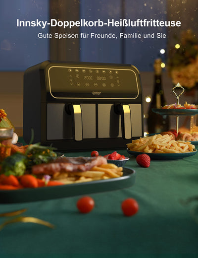 Innsky Dual Zone Heißluftfritteuse 2 Kammernr 8L, 8 Programmen Heissluftfritteuse Doppelt, Airfryer mit 2 Körben, Friteuse Heissluft ohne Öl, Dual Cook, Synchronisieren Fertig Technik, Shake-Modus