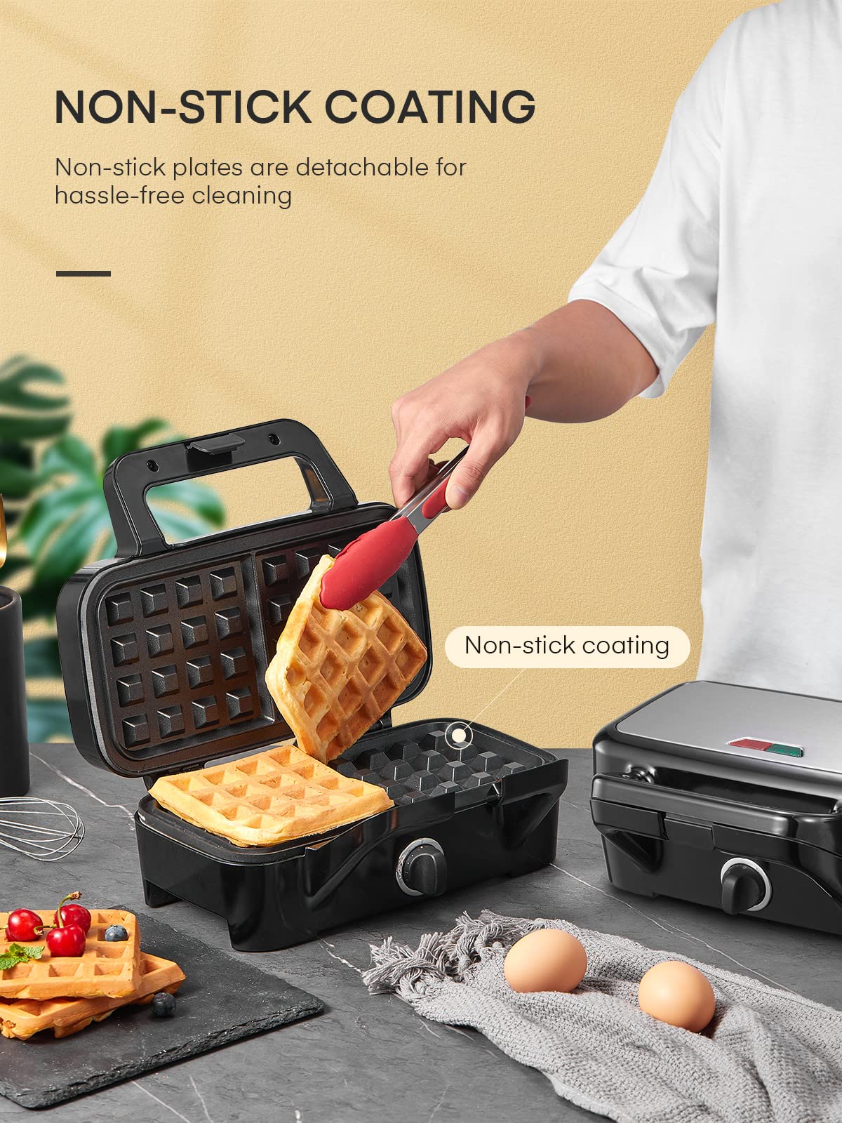 Sandwichmaker 1200W, Fohere 5-Gang-Temperaturregelung Waffeleisen Sandwichtoaster Kontaktgrill 3 in 1 mit Antihaftbeschichtung für einfache Reinigung ohne Anbrennen, LED-Leuchten