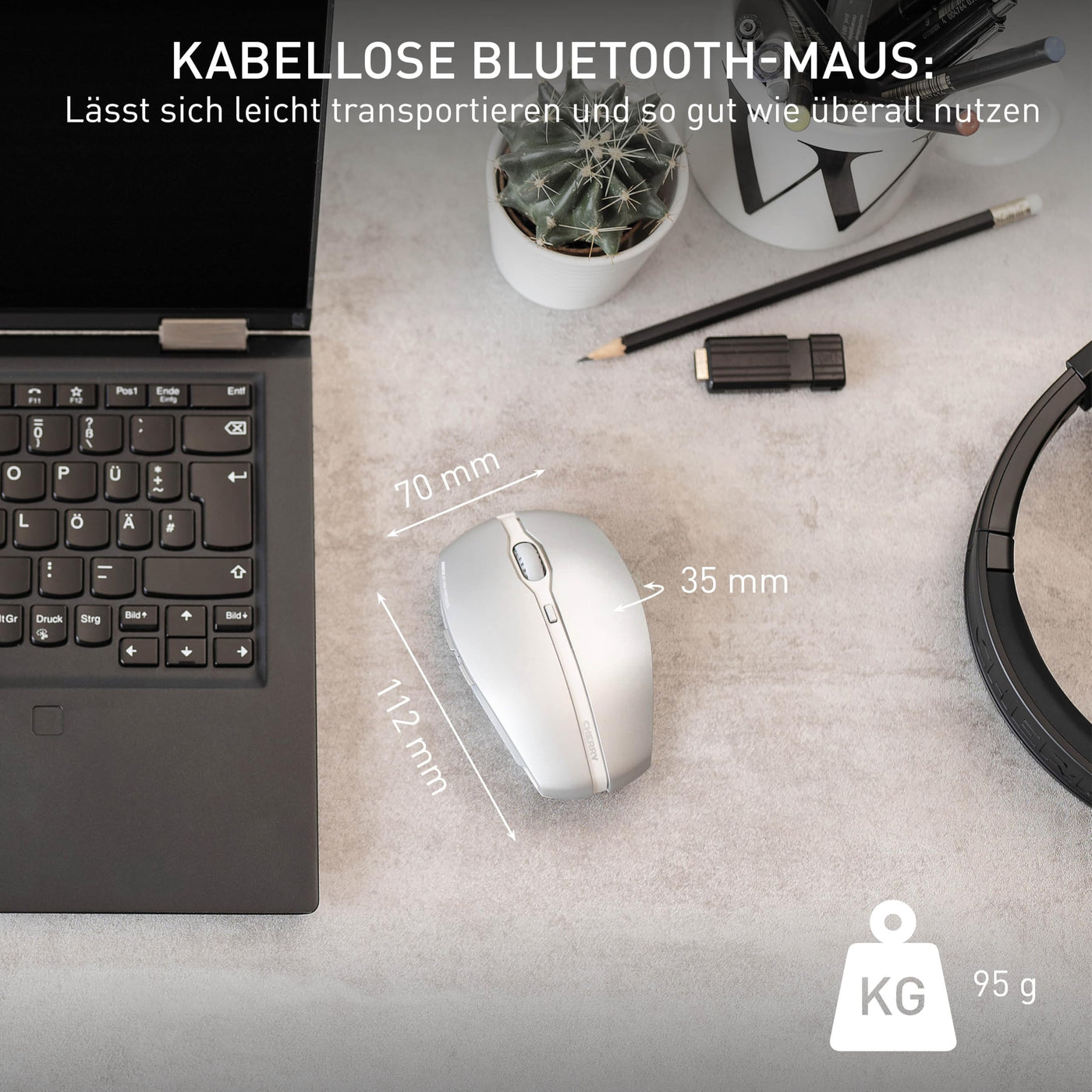 CHERRY GENTIX BT, Kabellose Bluetooth-Maus, Multi-Device-Funktion für bis zu 3 Geräte, Umschaltbare Auflösung (1000/2000 dpi), Batteriebetrieben, Frosted Silver