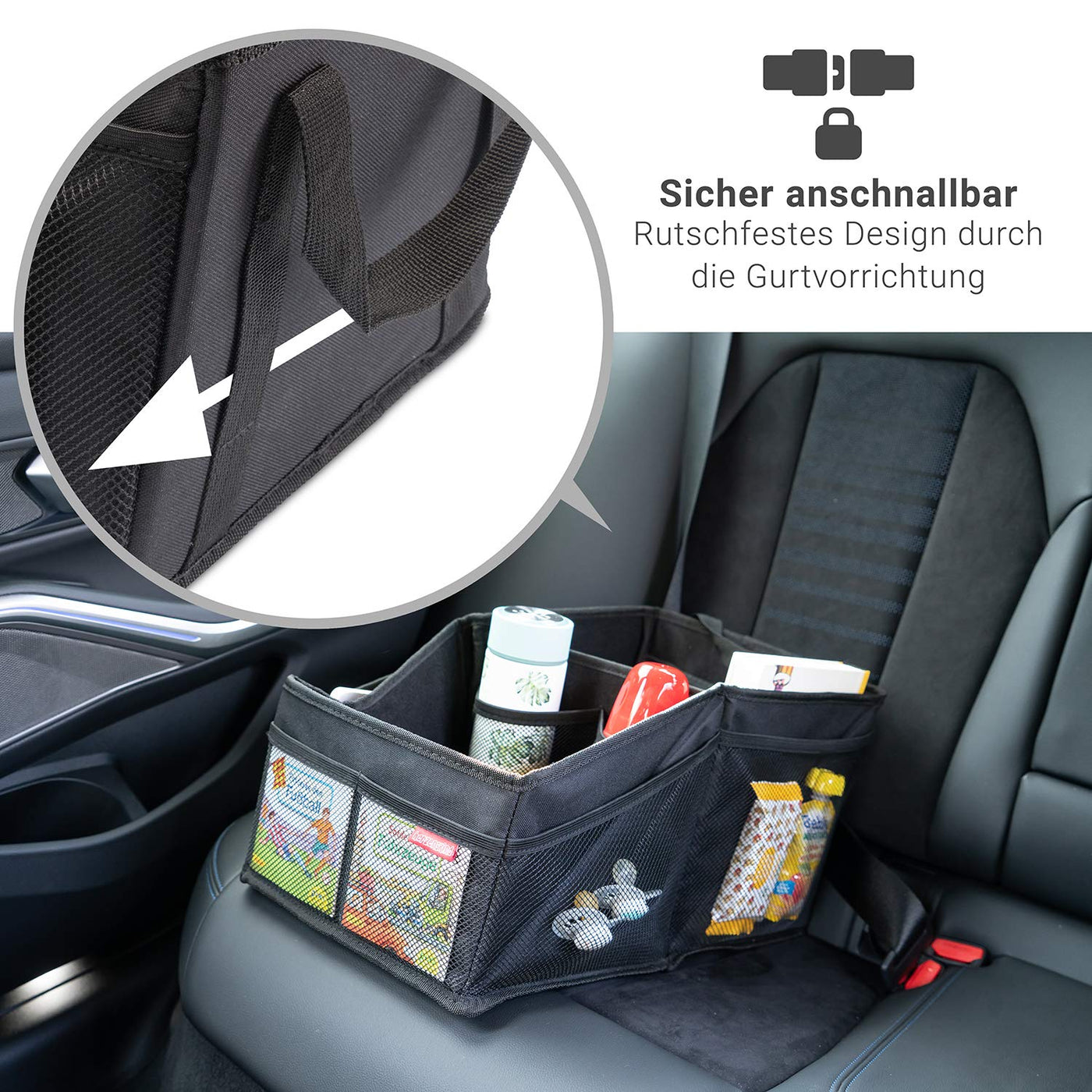 HerzensKind Auto Organizer - die praktische Faltbox für den Rücksitz oder Kofferraum. Aufbewahrungsbox zum Verstauen von Windeln Spielzeug etc. neben dem Kindersitz