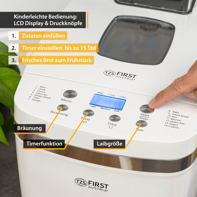 TZS First Austria Multifunktionaler Brotbackautomat | 14 Programme | Zutatenspender | Teigmenge 900g und 1350g | einstellbare Bräunungsgrade | Timer | Warmhaltefunktion | automatische Abschaltung