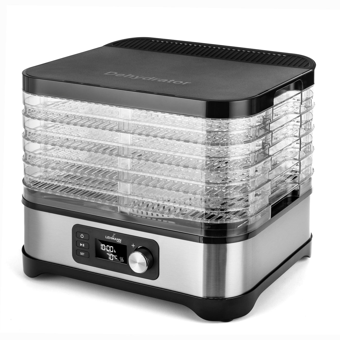 Lehmann LHOFD-4525 Dörrautomat Edelstahl 450W | Dörrgerät für Lebensmittel mit 5 Dörrebenen | Dehydrator mit Temperaturregler 35-70°C | Trockner für Obst, Pilze, Fleisch, Kräuter, BPA frei