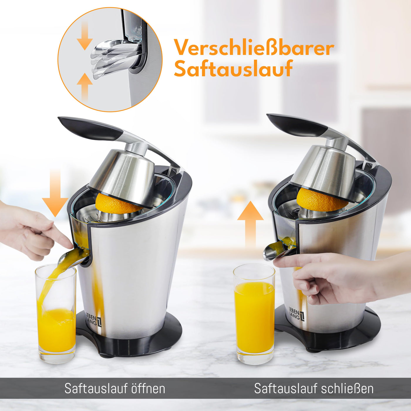 LEBENLANG Saftpresse elektrisch 600W - Inkl. Edelstahlkegel & BPA-Frei I Hohe Ergiebigkeit I Orangenpresse Zitruspresse Zitronenpresse Orangensaftpresse I Orange Juicer Press Zitronen