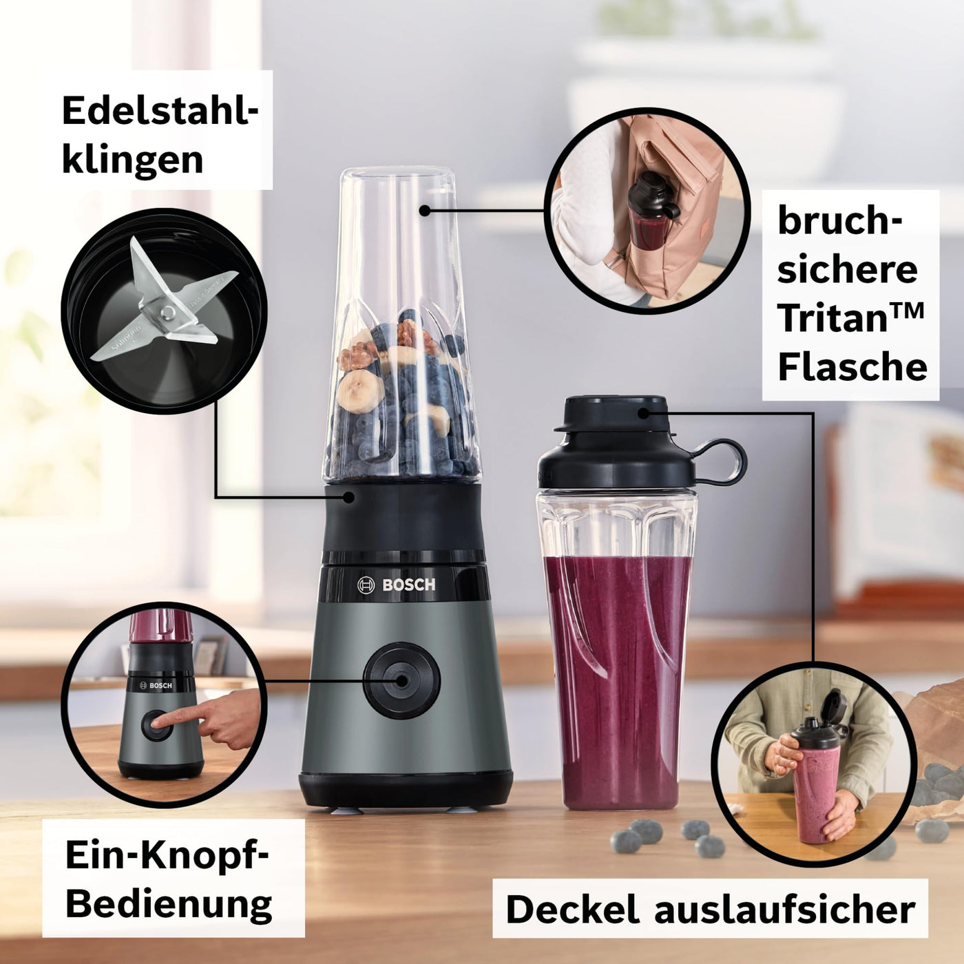 Bosch Mini-Standmixer VitaPower Serie 2 MMB2111S, Highspeed-Mixer, bis zu 40.000 rpm, Tritan ToGo-Flasche 0,6 L, Trinkdeckel, bruchsicher,spülmasch.geeignete Teile, 450W, Silber/schwarz