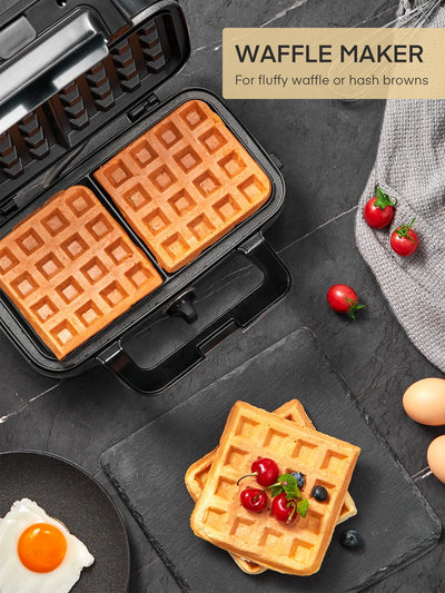 Sandwichmaker 1200W, Fohere 5-Gang-Temperaturregelung Waffeleisen Sandwichtoaster Kontaktgrill 3 in 1 mit Antihaftbeschichtung für einfache Reinigung ohne Anbrennen, LED-Leuchten