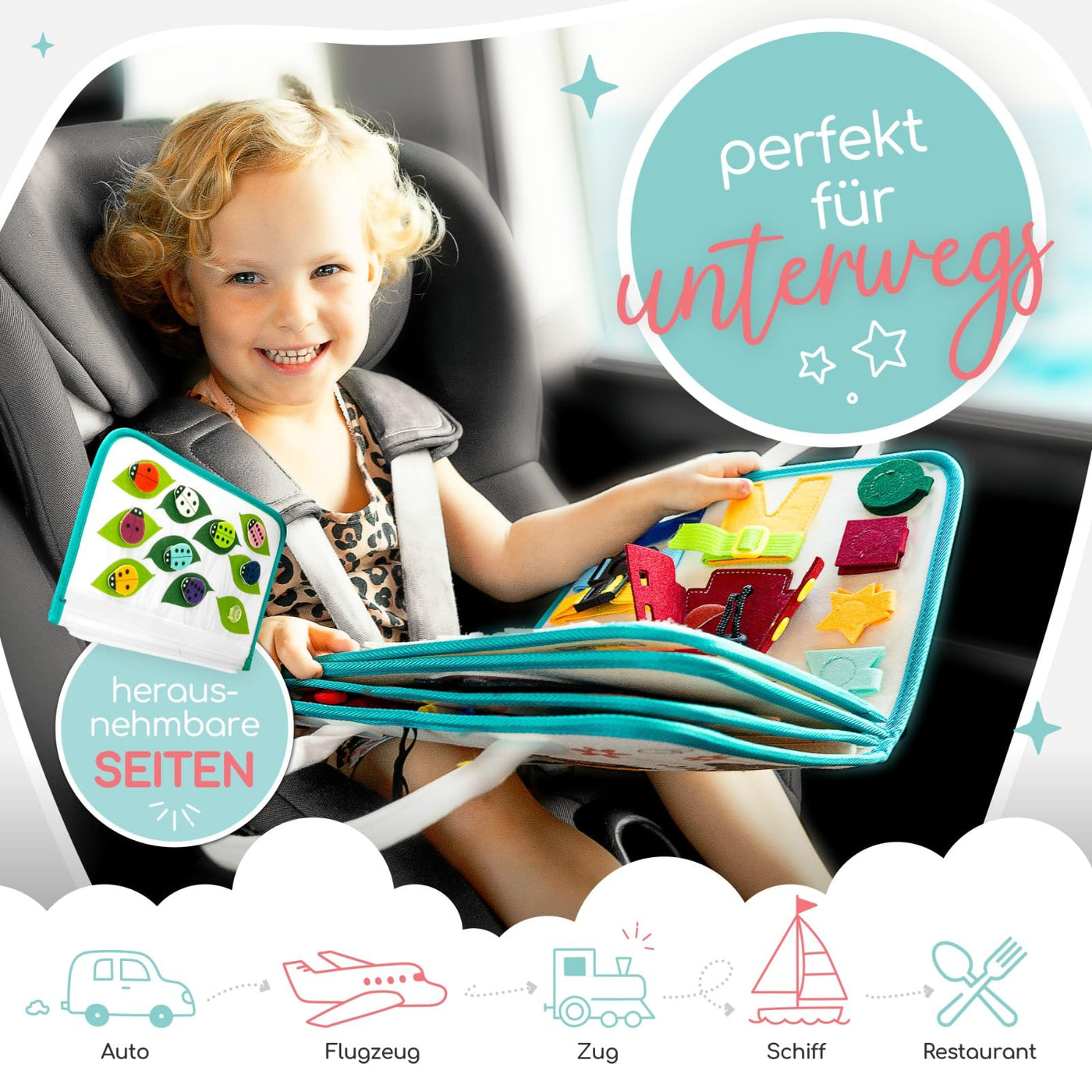 zoula kidz® Busy Board deutsch - Montessori Spielzeug ab 3 Jahre - Motorikspielzeug - Montessori Buch - Spielzeug Autofahrt - Activity Board - Kleinkind Spielzeug - Motorikbrett - Busy Book