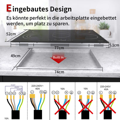 Glaskeramikkochfeld, IsEasy Kochfelder, 77cm, 8600W, 5 Kochzonen, 2400W/2000W/1800W/1200W, Verdrahtung, Einbau Keramikkochfeld, 9 Heizstufen, Automatische Abschaltung, Restwärmeanzeige