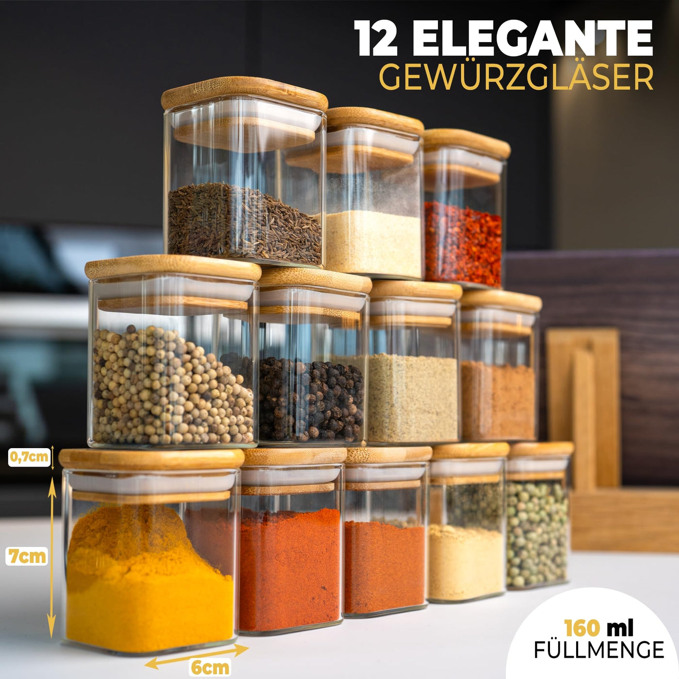 CLIDOR ® Gewürzgläser Eckig - 12 x 160 ml Set - Extra dickes Glas - Stapelbare Gewürzdosen mit Holzdeckel - Gewürz Organizer klein für die Küche - Spice Jars - geeignet als Gewürzaufbewahrung