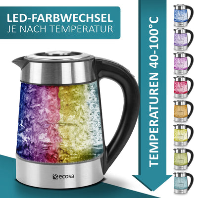 Glas Wasserkocher 1,7 Liter | 2200 Watt | Edelstahl mit Temperaturwahl | Teekocher | 100% BPA FREI | Warmhaltefunktion | LED Beleuchtung im Farbwechsel | Temperatureinstellung (40°C-100°C)