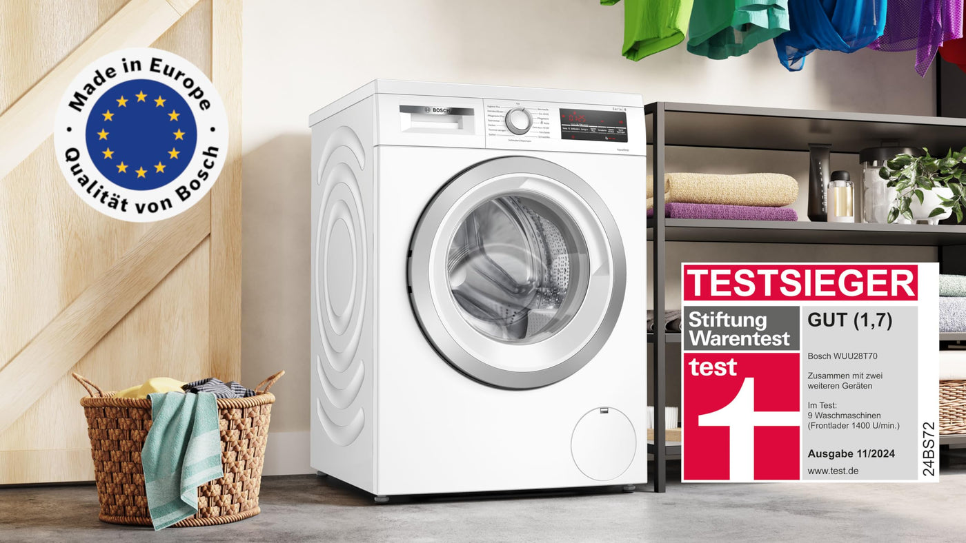 Bosch WUU28T70, Serie 6, Waschmaschine, 8 kg, 1400 UpM, Unterbaufähig, schneller waschen mit SpeedPerfect, Nachlegefunktion, Hygiene Plus, VarioTrommel, Leise dank EcoSilence Drive, LED-Display, Weiß