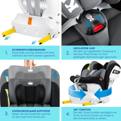 KIDIZ® Kindersitz Baby Autositz Kinderautositz Isofix Top Tether 360° drehbar Gruppe 0/1/2/3 ab Geburt 0-36kg Mit Sonnenschutzdach Seitenschutz 5 Punkt Gurt Kopfstützenverstellung ECE R129 Schwarz