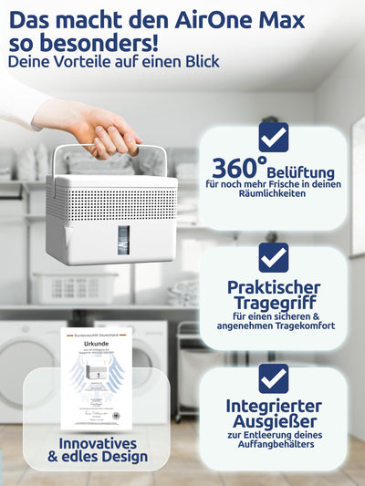 BonAura® AirOne Max Luftentfeuchter ohne Strom bis 33m² I 360° Belüftung I Raumentfeuchter mit Ausgießer & 980g Luftentfeuchter Granulat I Schimmel- und Geruchsschutz I Raum Entfeuchter Keller