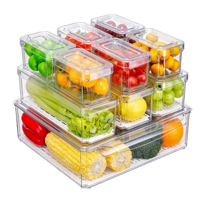 KUMD 10 Stück kühlschrank organizer, stapelbare kühlschrank organizer mit deckel, BPA-frei, klar Obst-Aufbewahrungsbehälter für Kühlschrank-Organizer, für Lebensmittel, Obst, Gemüse