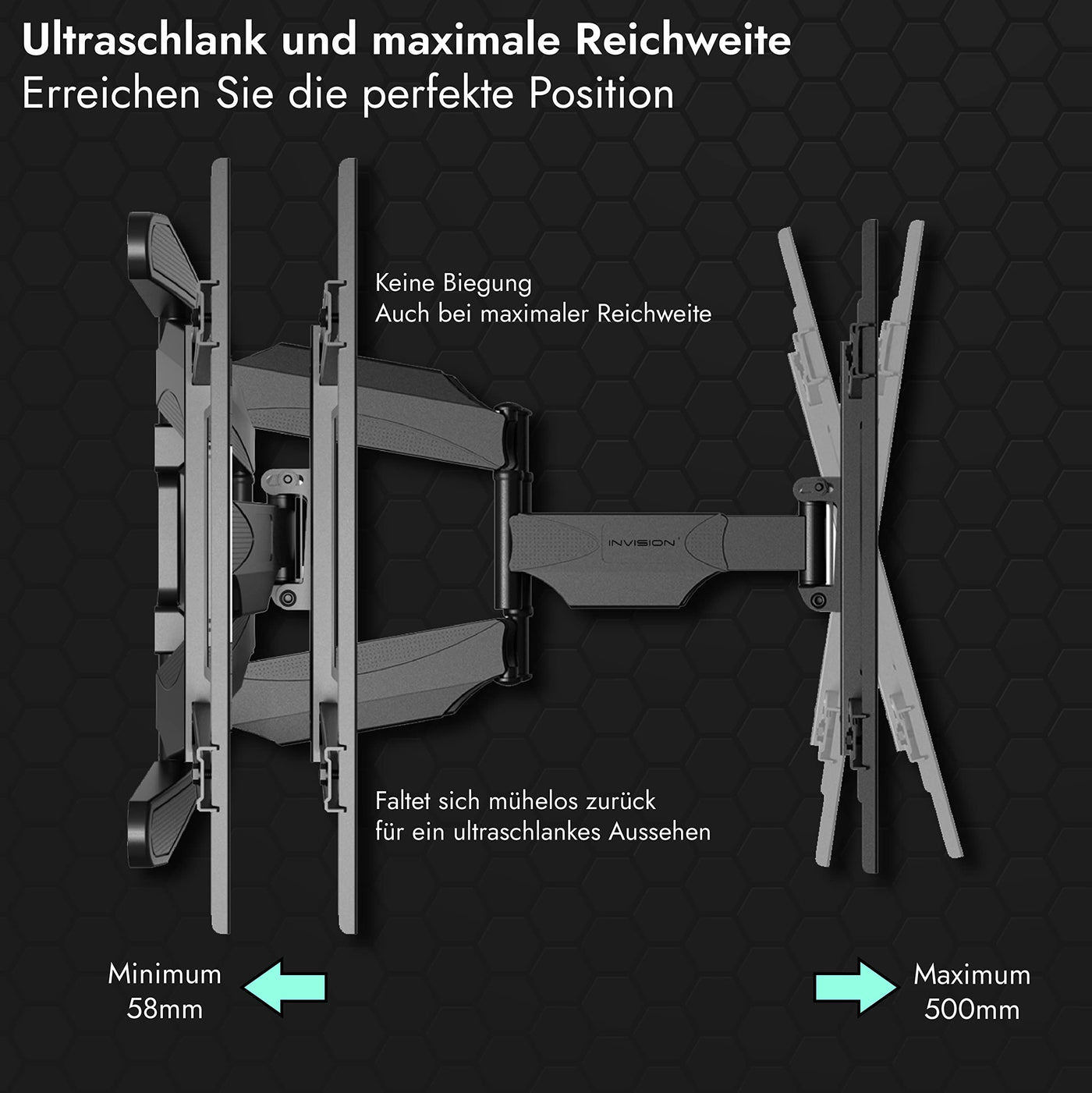 Invision TV Wandhalterung für 37-75 Zoll Bildschirme, Schwenkbar Neigbar und Ausfahren TV Halterung für Flache und Gebogene Fernseher, Max Gewicht 50kg, VESA 200x100mm zu 600x400mm (DXL-DE-IA)