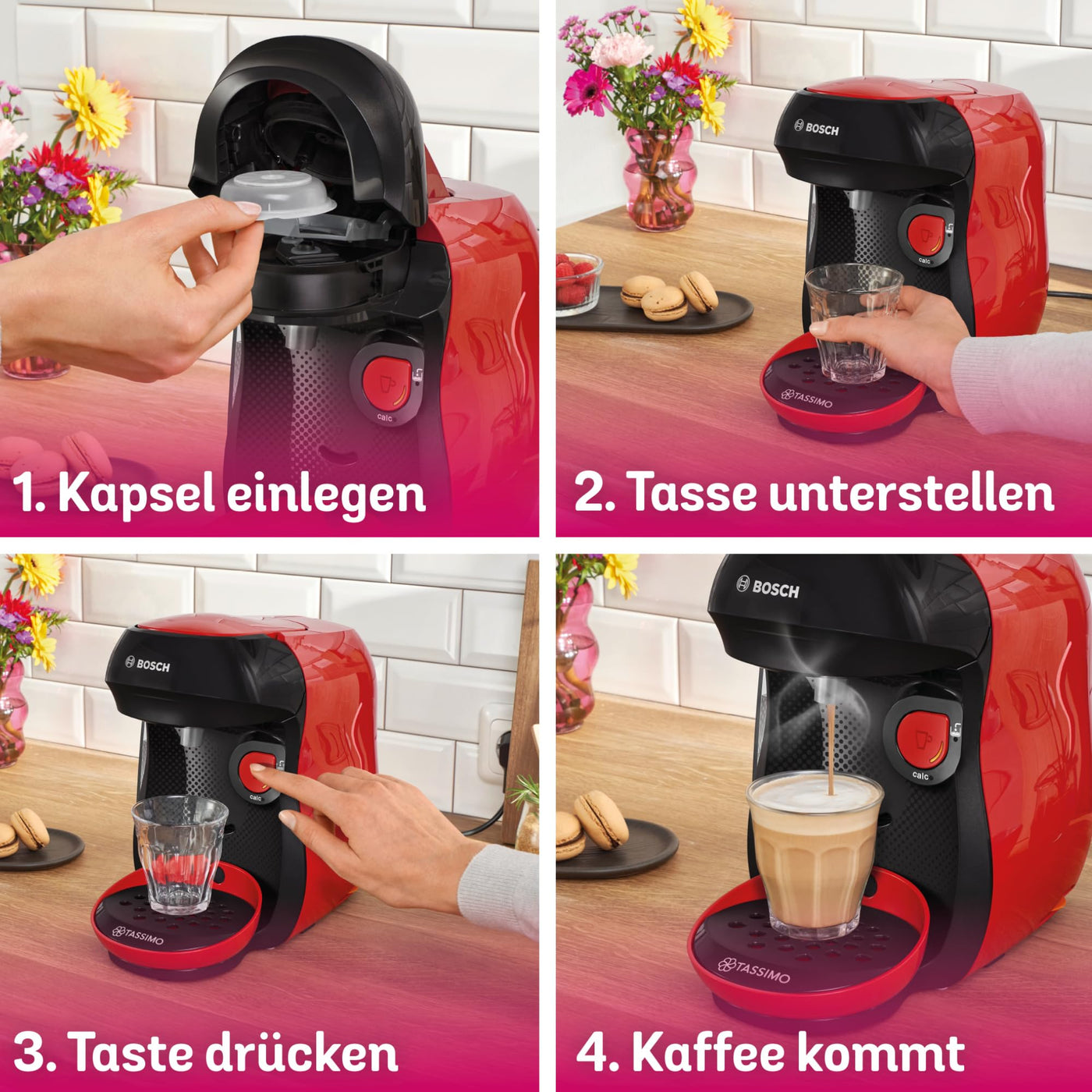 Bosch Tassimo happy friendly Kapselmaschine TAS103E, über 70 Getränke, geeignet für alle Tassen, Abschaltautomatik, nachhaltig, perfekt dosiert, platzsparend, 1400 W, rot/schwarz