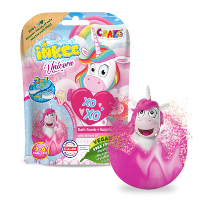 INKEE UNICORN | Badebombe Kinder mit Überraschung, Badekugel 100g mit Einhornfiguren, Pop-corn Duft