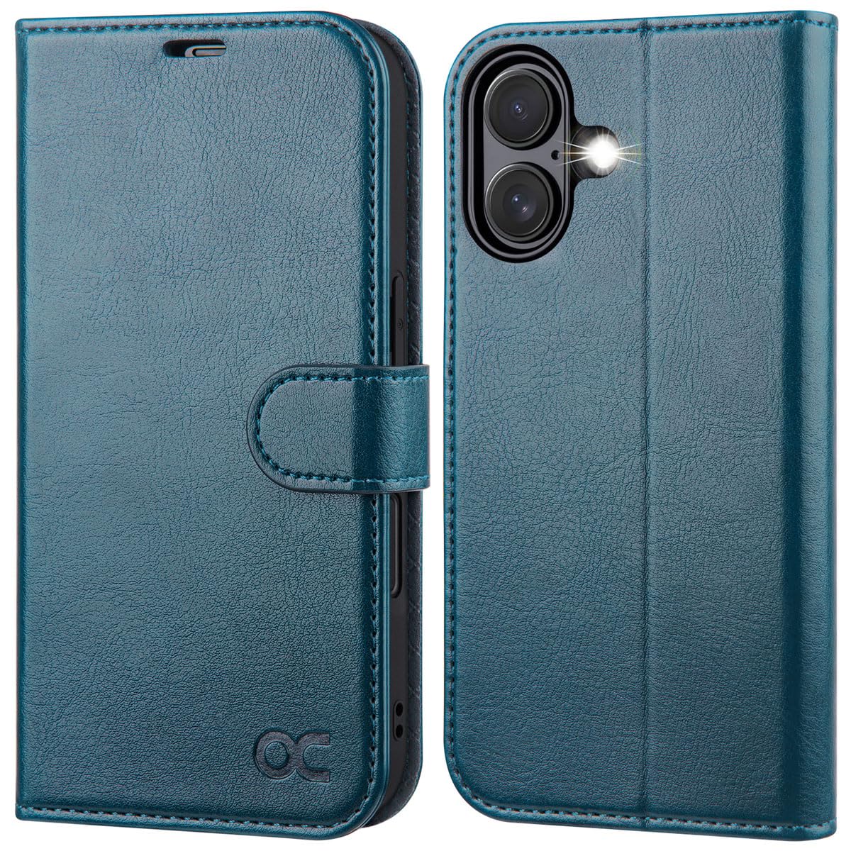 OCASE iPhone 16 Hülle Handyhülle Premium PU Leder, Kartenfach Standfunktion, RFID Schutzhülle, Klapphülle Handytasche Lederhülle Kompatibel für iPhone 16 6,1 Zoll Pfauenblau