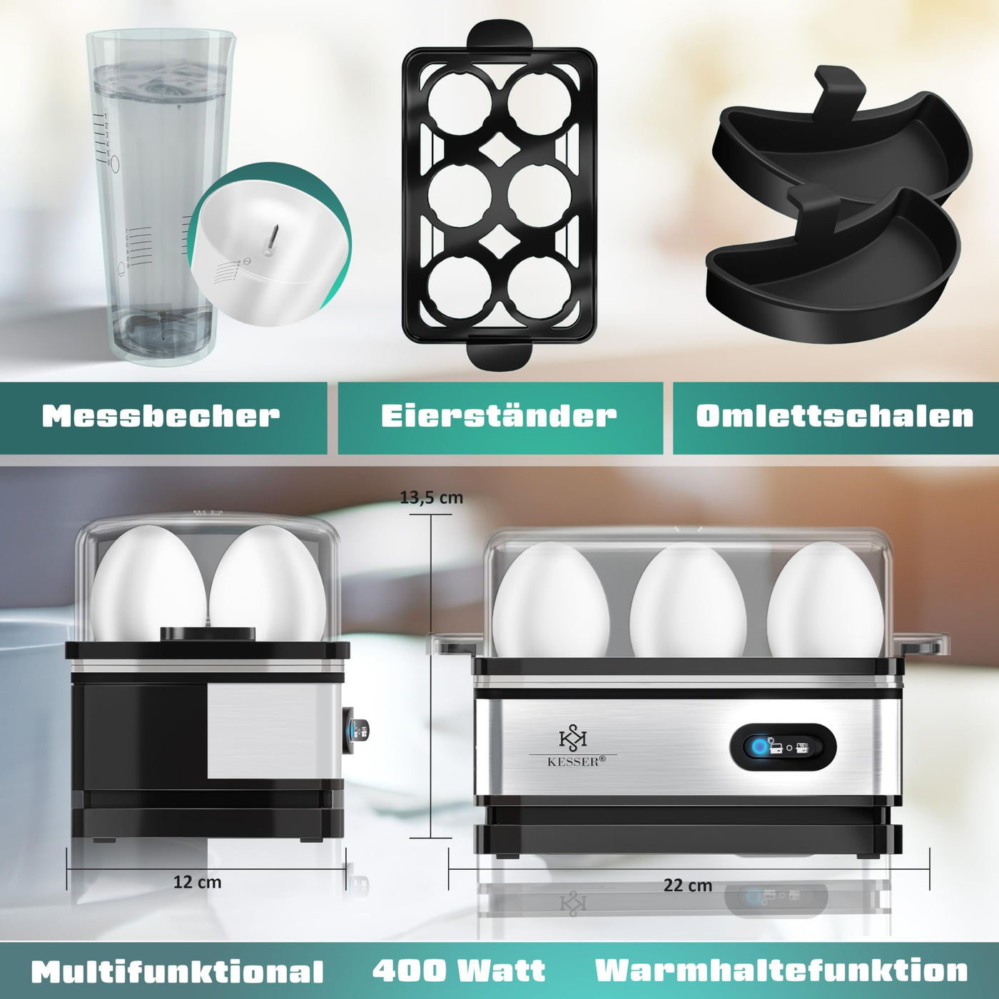 KESSER® Eierkocher für 1 bis 6 Eier elektrisch aus Edelstahl 400W & Warmhaltefunktion | Kipp-Funktionsschalter drei Härtegrade | BPA-Frei & Spülmaschinenfest | Messbecher & 2x Omlettschalen, Silber