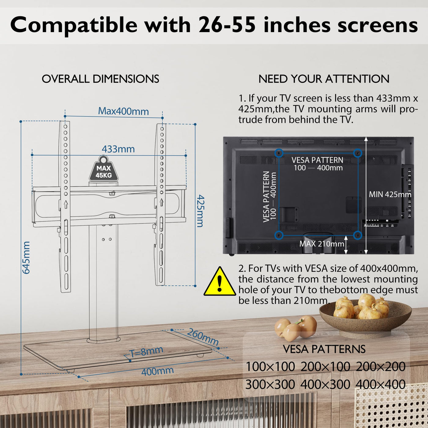 BONTEC TV Standfuss TV Ständer Schwenkbar für 26-55 Zoll LCD LED OLED Plasma Flach & Curved Fernseher bis zu 45 KG, Höhenverstellbar & Stabil Max.VESA 400x400